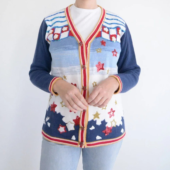 Vintage Storybook Knits Blue & White Stars Knit Embroidered Cardigan Sweater S - Picture 2 of 12